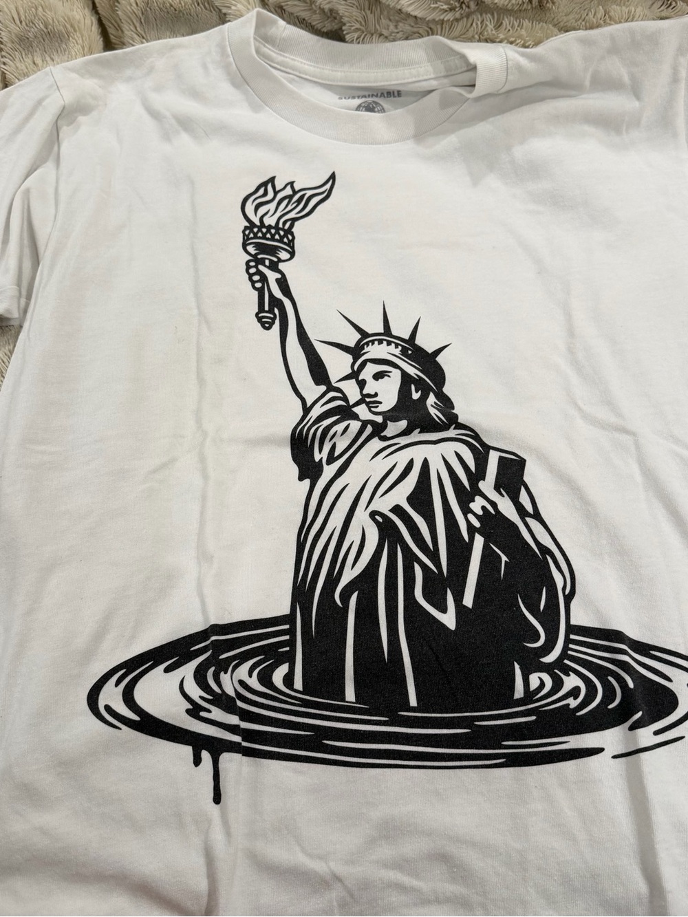 Obey White Short Sleeve Tee with Black Statue of Liberty Graphic
